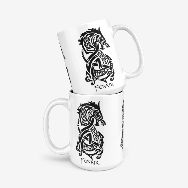 Black Fenrir Wolf Mug – Norse Mythology Viking Design