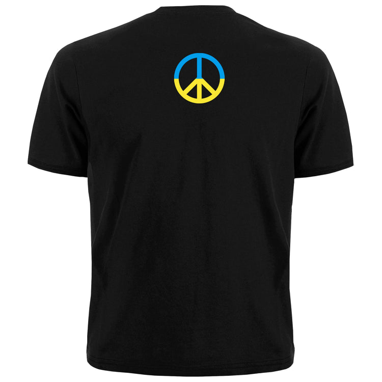 Peace For Ukraine Black T-Shirt. Sign of the Pacific placed in a sunflower. Yellow-blue colors of the Ukrainian flag. Made in Ukraine.