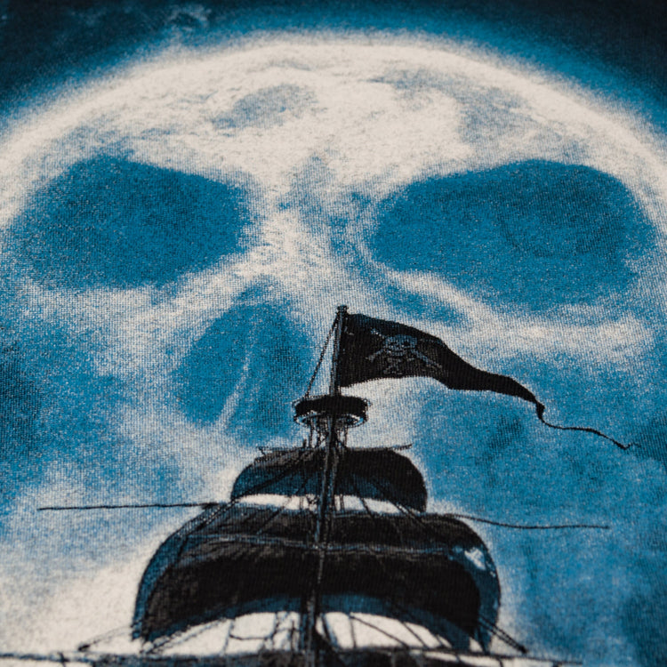 Jolly Roger black T-shirt. Pirate skull with bones. Frigate ghost ship. Made in Ukraine. Rebellious fashion.