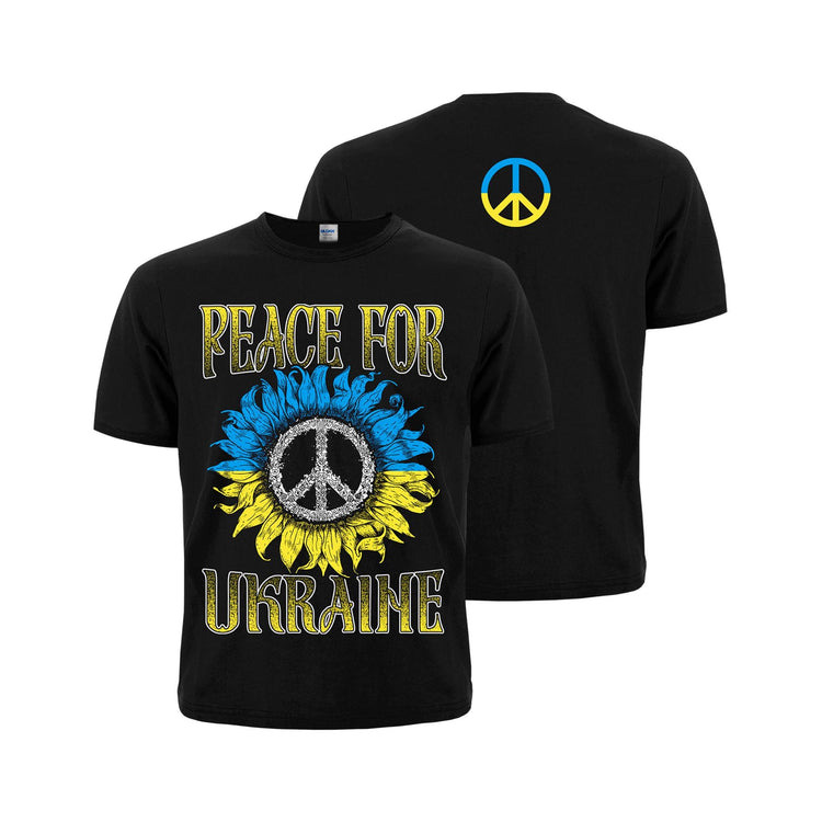 Peace For Ukraine Black T-Shirt. Sign of the Pacific placed in a sunflower. Yellow-blue colors of the Ukrainian flag. Made in Ukraine.