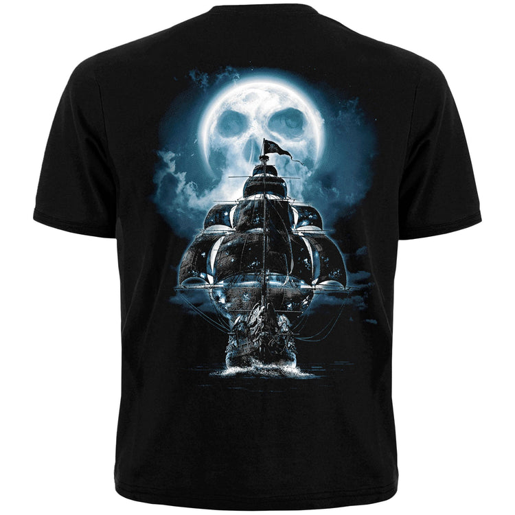 Jolly Roger black T-shirt. Pirate skull with bones. Frigate ghost ship. Made in Ukraine. Rebellious fashion.
