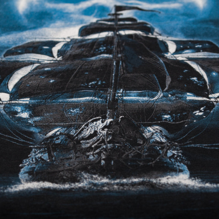 Jolly Roger black T-shirt. Pirate skull with bones. Frigate ghost ship. Made in Ukraine. Rebellious fashion.