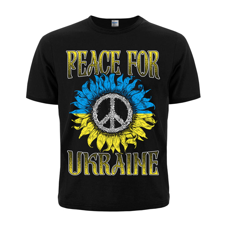 Peace For Ukraine Black T-Shirt. Sign of the Pacific placed in a sunflower. Yellow-blue colors of the Ukrainian flag. Made in Ukraine.