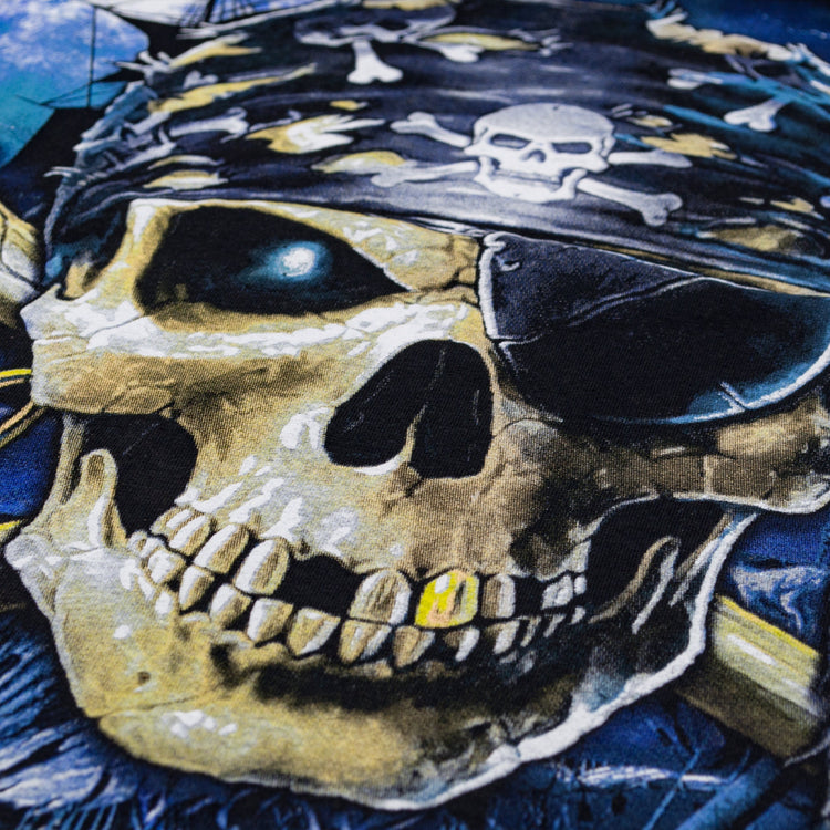Jolly Roger black T-shirt. Pirate skull with bones. Frigate ghost ship. Made in Ukraine. Rebellious fashion.