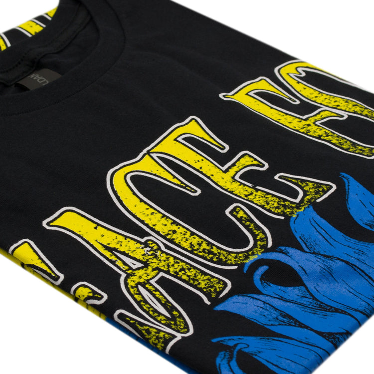 Peace For Ukraine Black T-Shirt. Sign of the Pacific placed in a sunflower. Yellow-blue colors of the Ukrainian flag. Made in Ukraine.