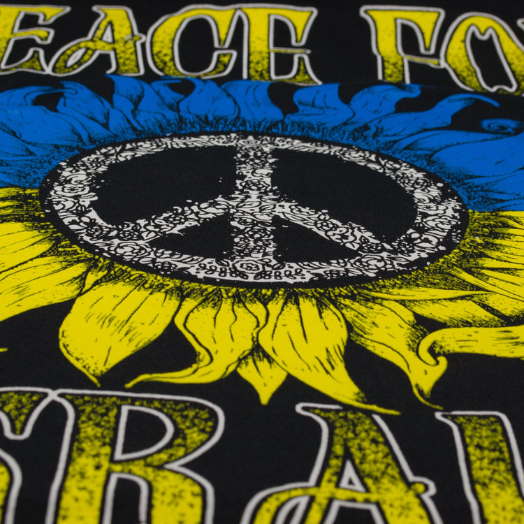 Peace For Ukraine Black T-Shirt. Sign of the Pacific placed in a sunflower. Yellow-blue colors of the Ukrainian flag. Made in Ukraine.