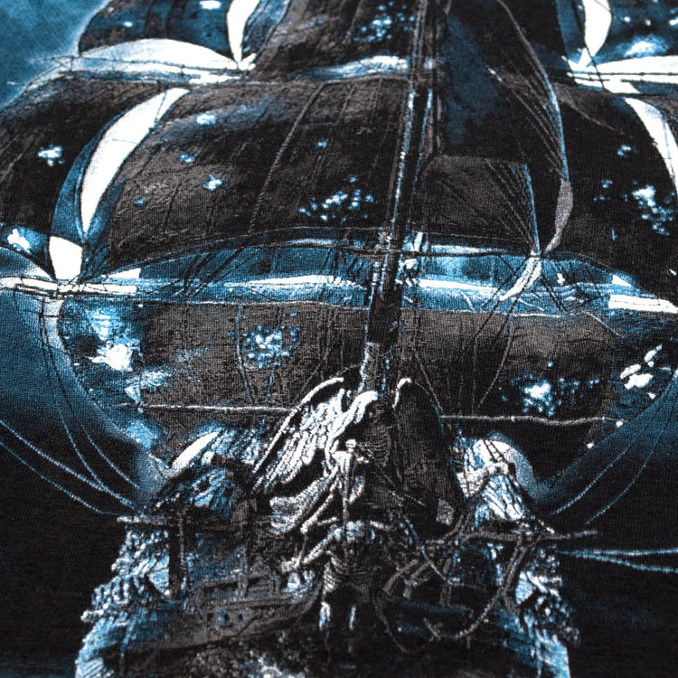 Jolly Roger black T-shirt. Pirate skull with bones. Frigate ghost ship. Made in Ukraine. Rebellious fashion.