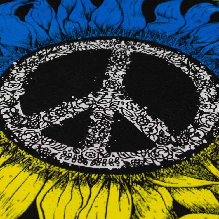 Peace For Ukraine Black T-Shirt. Sign of the Pacific placed in a sunflower. Yellow-blue colors of the Ukrainian flag. Made in Ukraine.