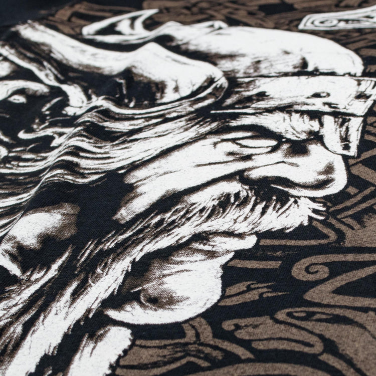Viking with Skull T-Shirt. Thor's hammer (Mjolnir). Nordic ritual ornament. Life and death face to face. Norse Mythology.