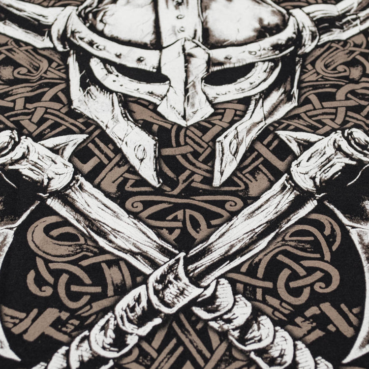 Viking with Skull T-Shirt. Thor's hammer (Mjolnir). Nordic ritual ornament. Life and death face to face. Norse Mythology.