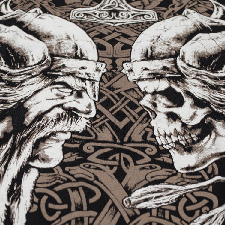 Viking with Skull T-Shirt. Thor's hammer (Mjolnir). Nordic ritual ornament. Life and death face to face. Norse Mythology.