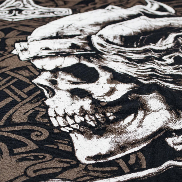 Viking with Skull T-Shirt. Thor's hammer (Mjolnir). Nordic ritual ornament. Life and death face to face. Norse Mythology.