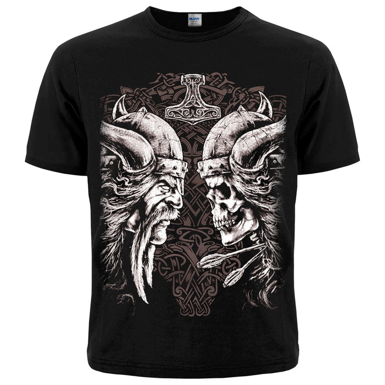Viking with Skull T-Shirt. Thor's hammer (Mjolnir). Nordic ritual ornament. Life and death face to face. Norse Mythology.