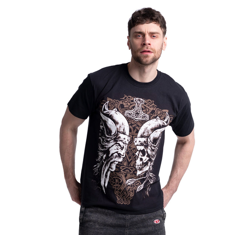 Viking with Skull T-Shirt. Thor's hammer (Mjolnir). Nordic ritual ornament. Life and death face to face. Norse Mythology.