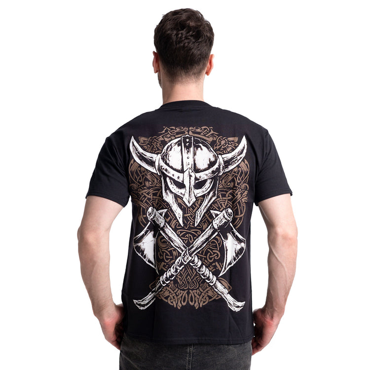Viking with Skull T-Shirt. Thor's hammer (Mjolnir). Nordic ritual ornament. Life and death face to face. Norse Mythology.